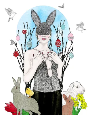 Woman in rabbit mask with Easter eggs, birds, and animals by Tobias Göbel