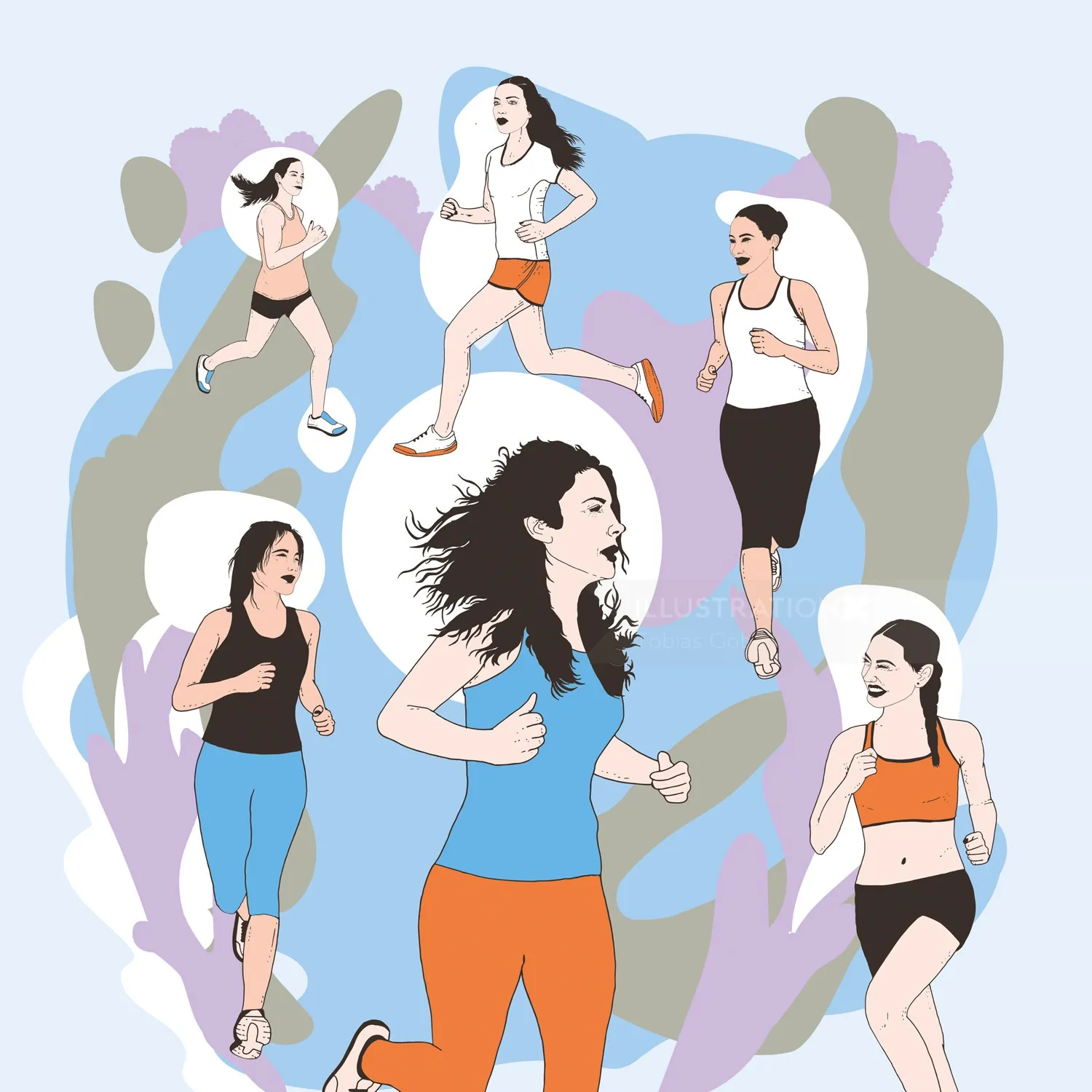Five women running in colorful sportswear illustration by Tobias Göbel