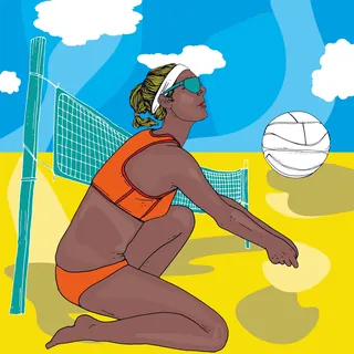 Woman in orange sportswear playing beach volleyball by Tobias Göbel