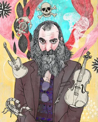 Illustration of a bearded man with guitar, violin, skull, and scorpion by Tobias Göbel
