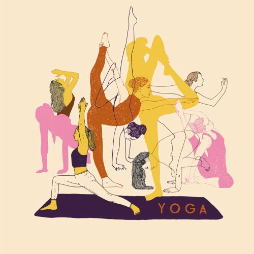 Abstract yoga poses in colorful overlapping outlines by Tobias Göbel
