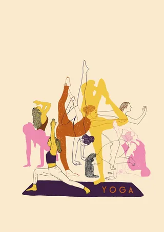 Abstract yoga poses in colorful overlapping outlines by Tobias Göbel
