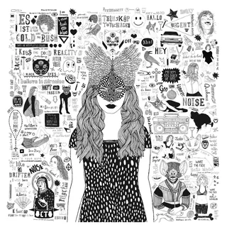Illustration of woman with butterfly mask and various black and white doodles