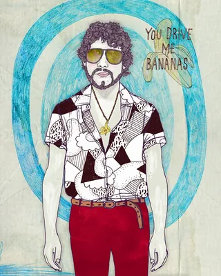 Man with curly hair, sunglasses, patterned shirt, and red pants with text 'You drive me bananas'