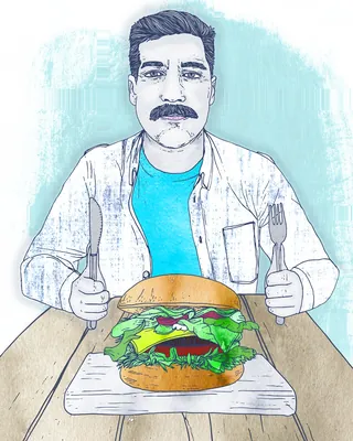 Man with mustache holding utensils ready to eat a big burger