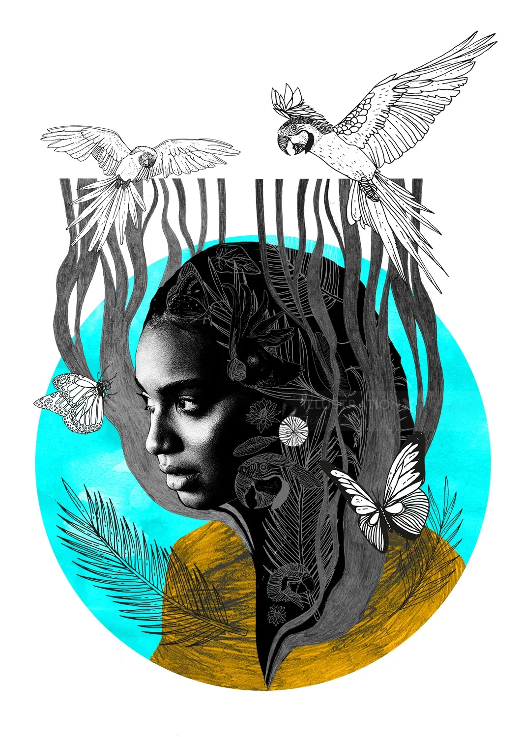 Black and white portrait of a girl with birds and butterflies on blue background.