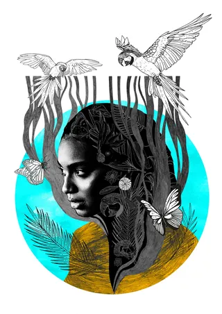 Black and white portrait of a girl with birds and butterflies on blue background.