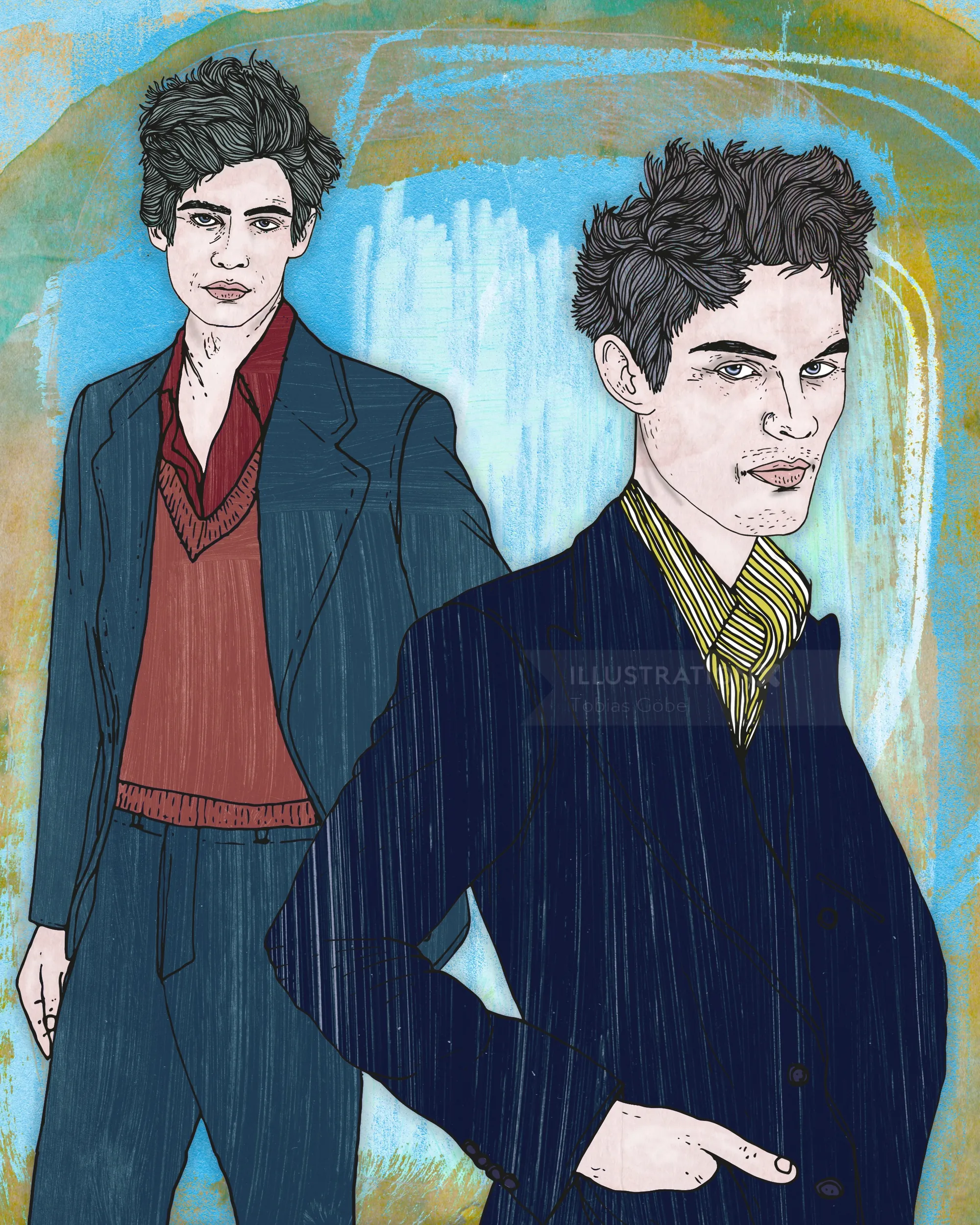 Illustration of two young men wearing modern clothing with confident expressions
