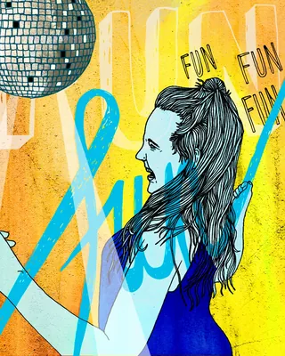 Joyful woman dancing under disco ball with colorful background and 'fun' text
