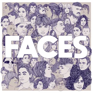 Illustrated collage of diverse faces with large text FACES