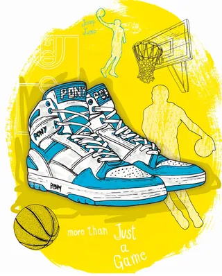 Basketball shoes and players with hoop on yellow background illustration
