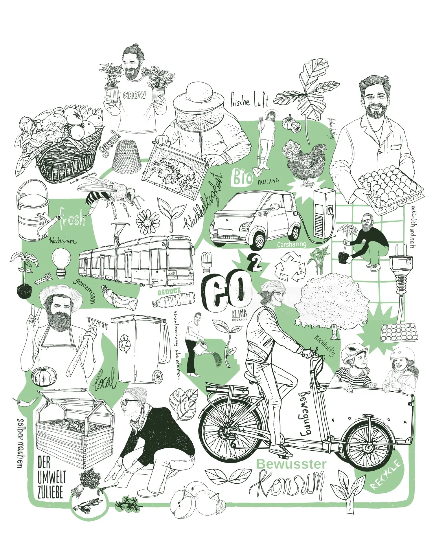 Illustration showing eco activities like biking, gardening, and organic food farming