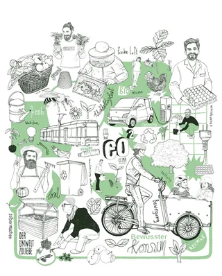 Illustration showing eco activities like biking, gardening, and organic food farming