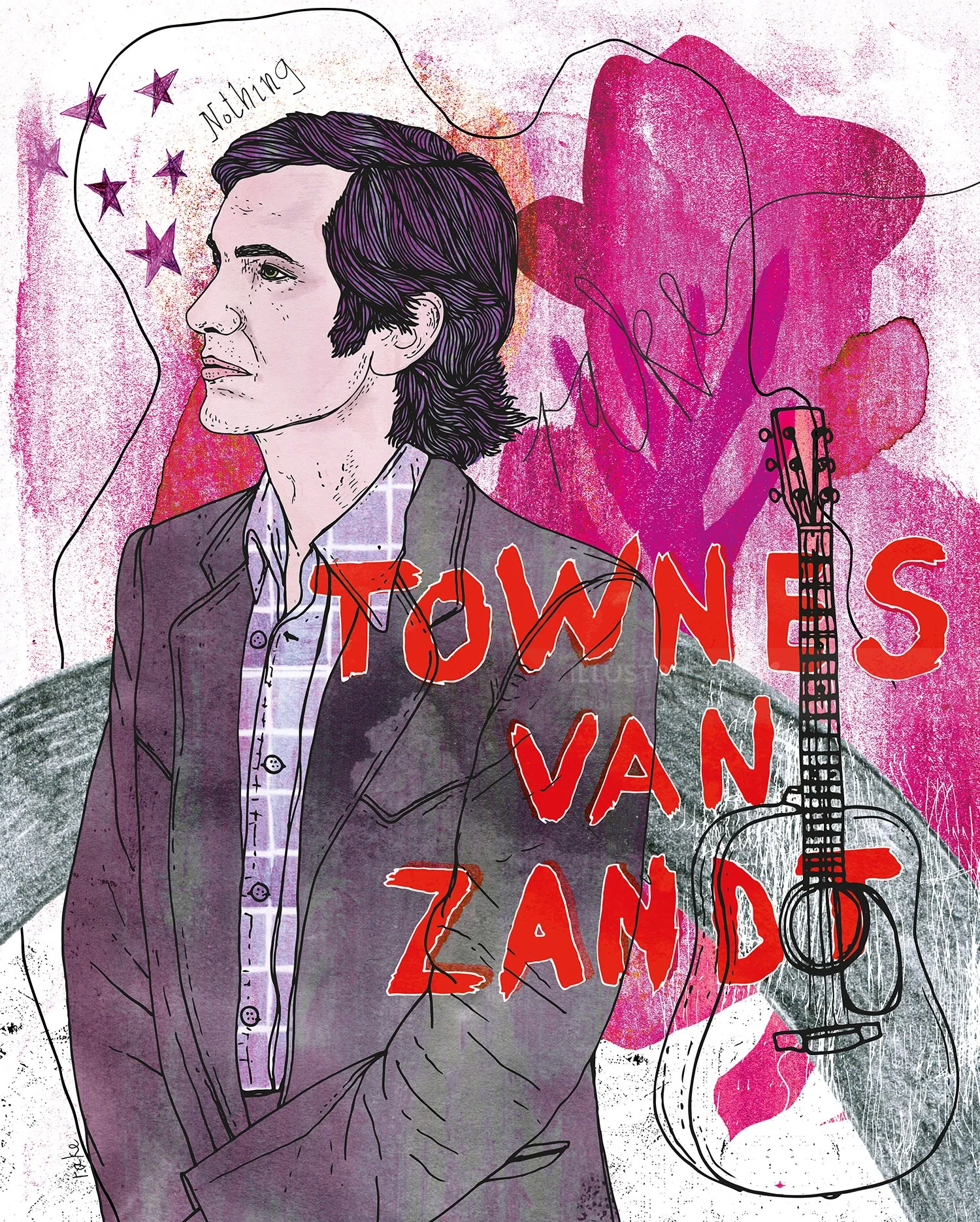Portrait of Townes Van Zandt with guitar and abstract pink background by Tobias Göbel