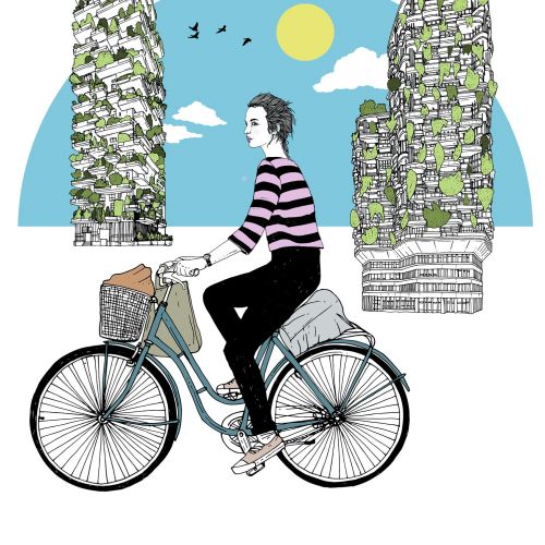 Person biking past two plant-covered tall buildings under a sunny sky