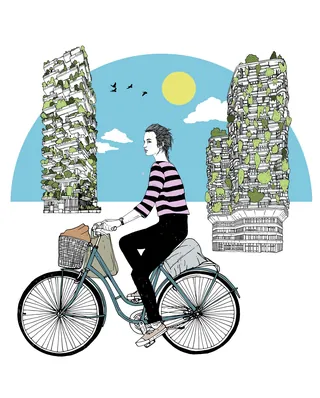 Person biking past two plant-covered tall buildings under a sunny sky