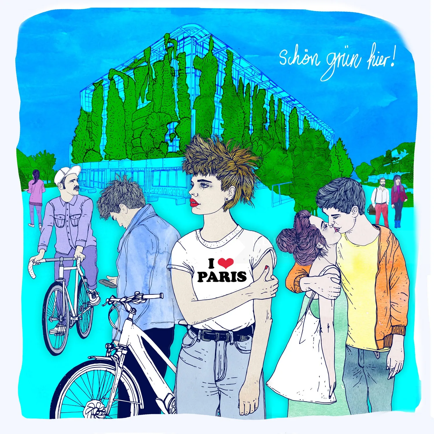 Illustration of people with bicycle in front of green-covered building by Tobias Göbel