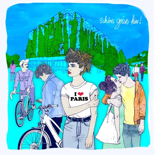 Illustration of people with bicycle in front of green-covered building by Tobias Göbel