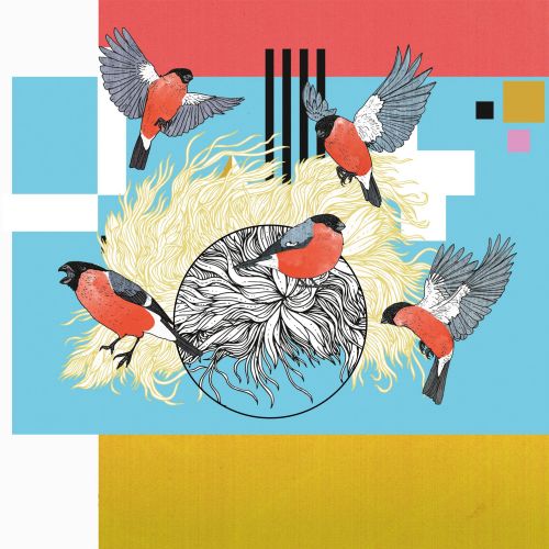 Five bullfinches flying around a patterned sun with colorful geometric background