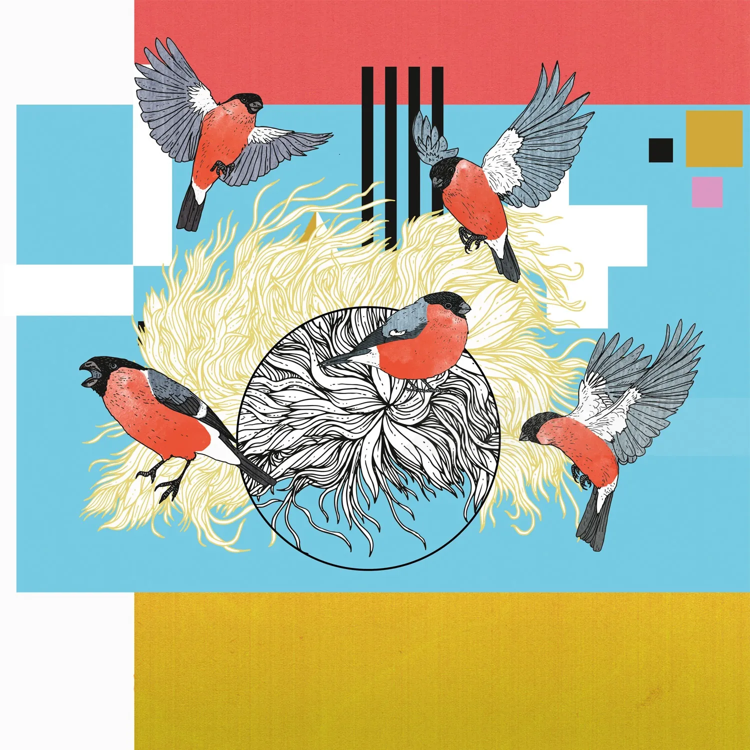 Five bullfinches flying around a patterned sun with colorful geometric background