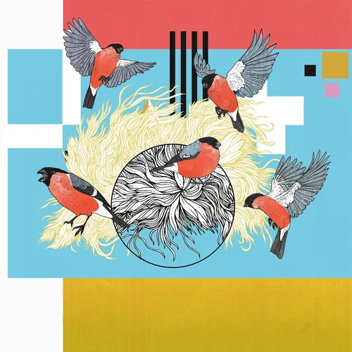 Five bullfinches flying around a patterned sun with colorful geometric background