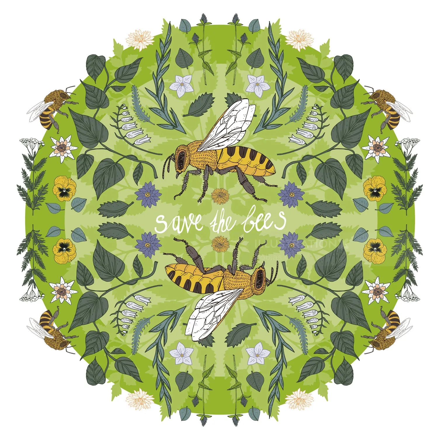 Circular arrangement of bees and flowers with Save the Bees text