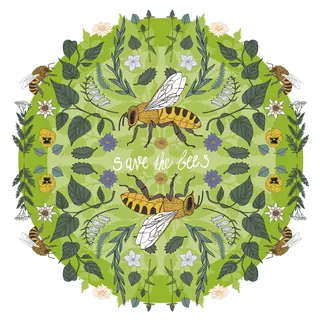 Circular arrangement of bees and flowers with Save the Bees text