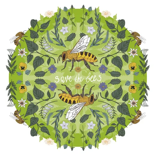 Circular arrangement of bees and flowers with Save the Bees text