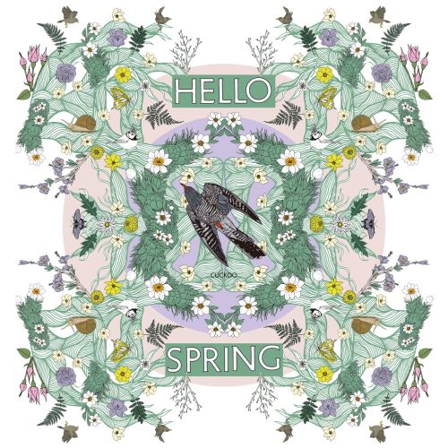 Floral pattern with birds and 'Hello Spring' text in soft pastel shades