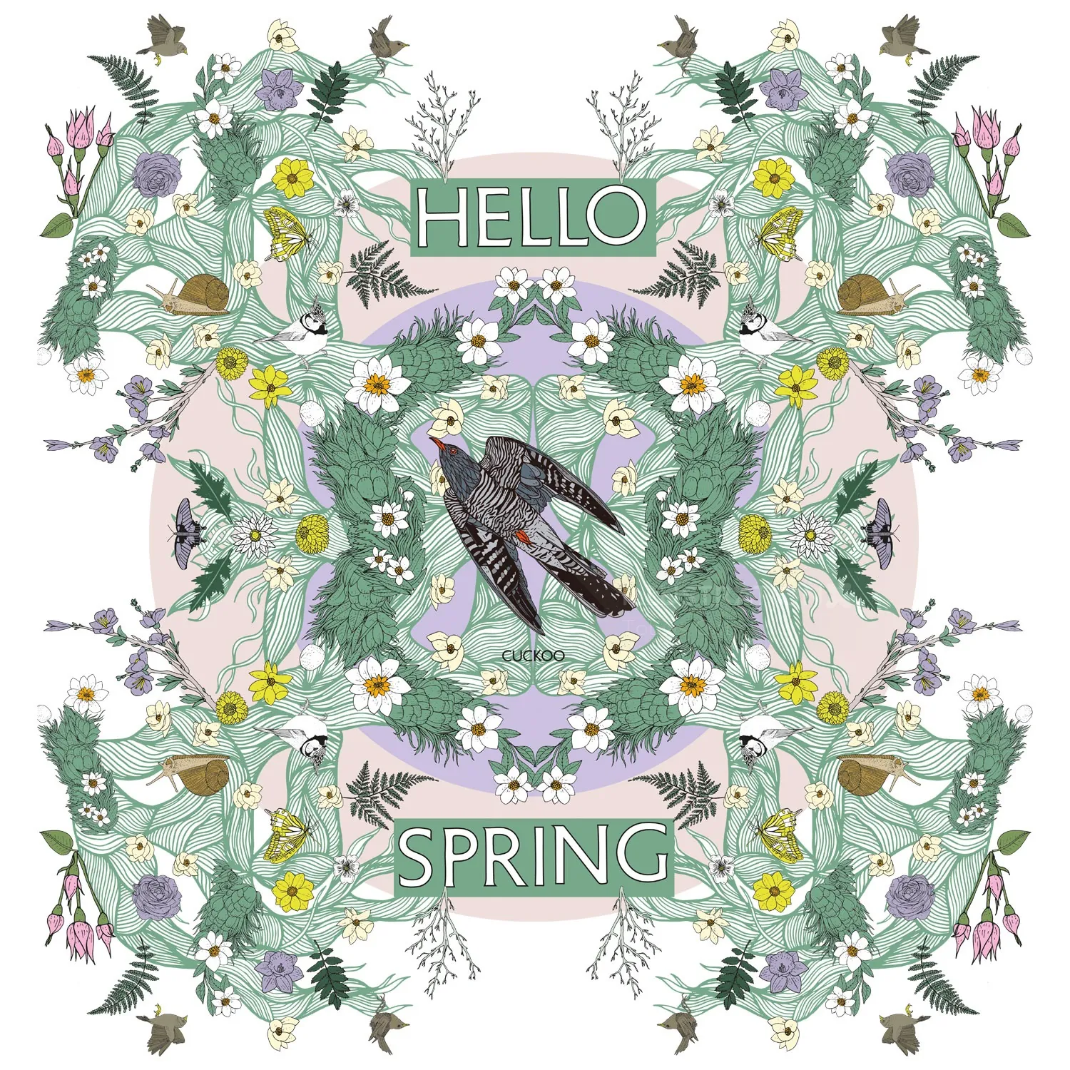 Floral pattern with birds and 'Hello Spring' text in soft pastel shades