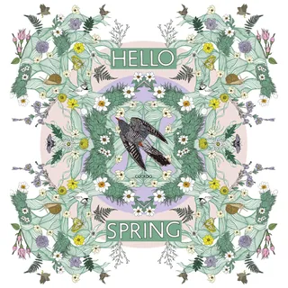 Floral pattern with birds and 'Hello Spring' text in soft pastel shades