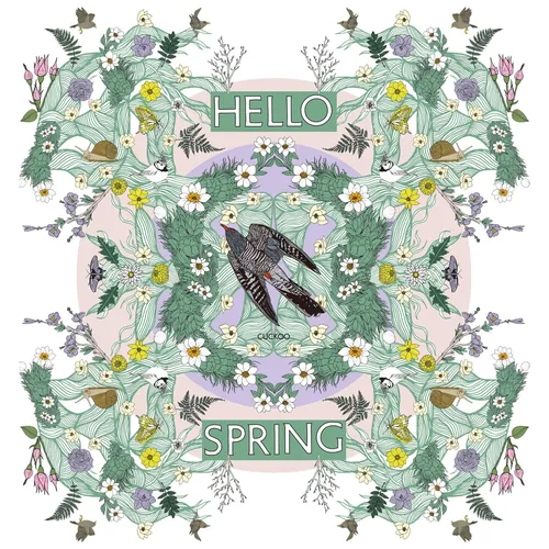 Floral pattern with birds and 'Hello Spring' text in soft pastel shades