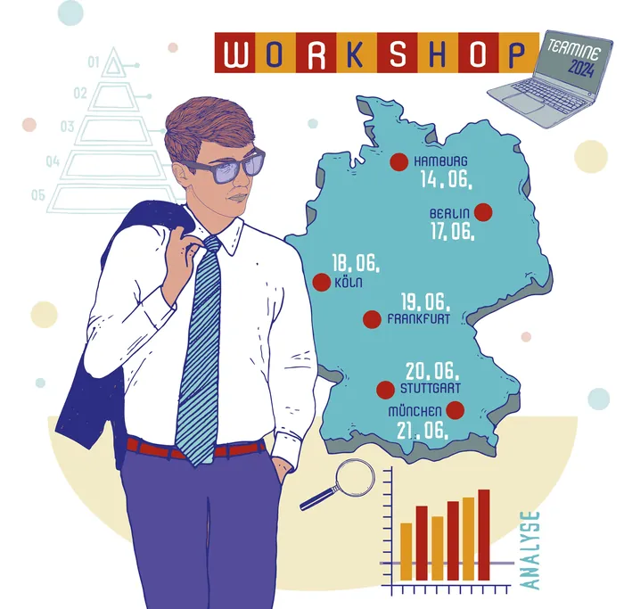 Businessman and Germany map with workshop dates and analytics graph
