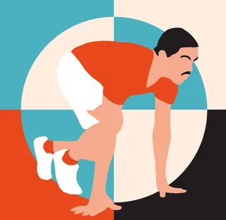 Runner in starting position illustration with colorful geometric background