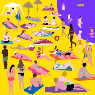 Illustration of people sunbathing and relaxing on a vibrant beach scene