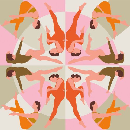 Symmetrical abstract drawing of dancing figures in orange and brown tones