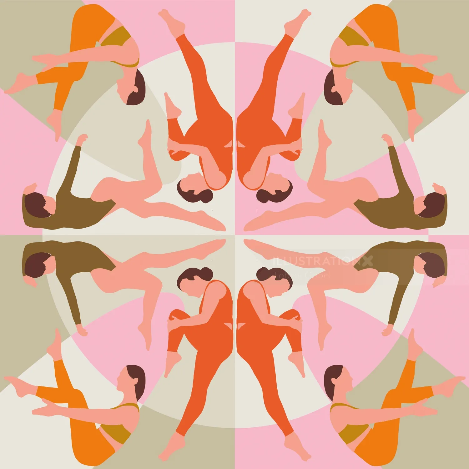 Symmetrical abstract drawing of dancing figures in orange and brown tones