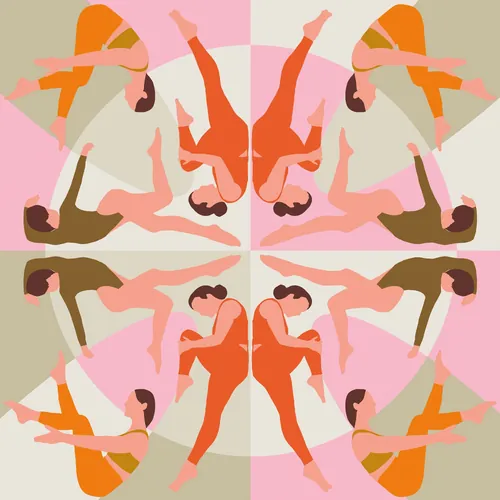 Symmetrical abstract drawing of dancing figures in orange and brown tones