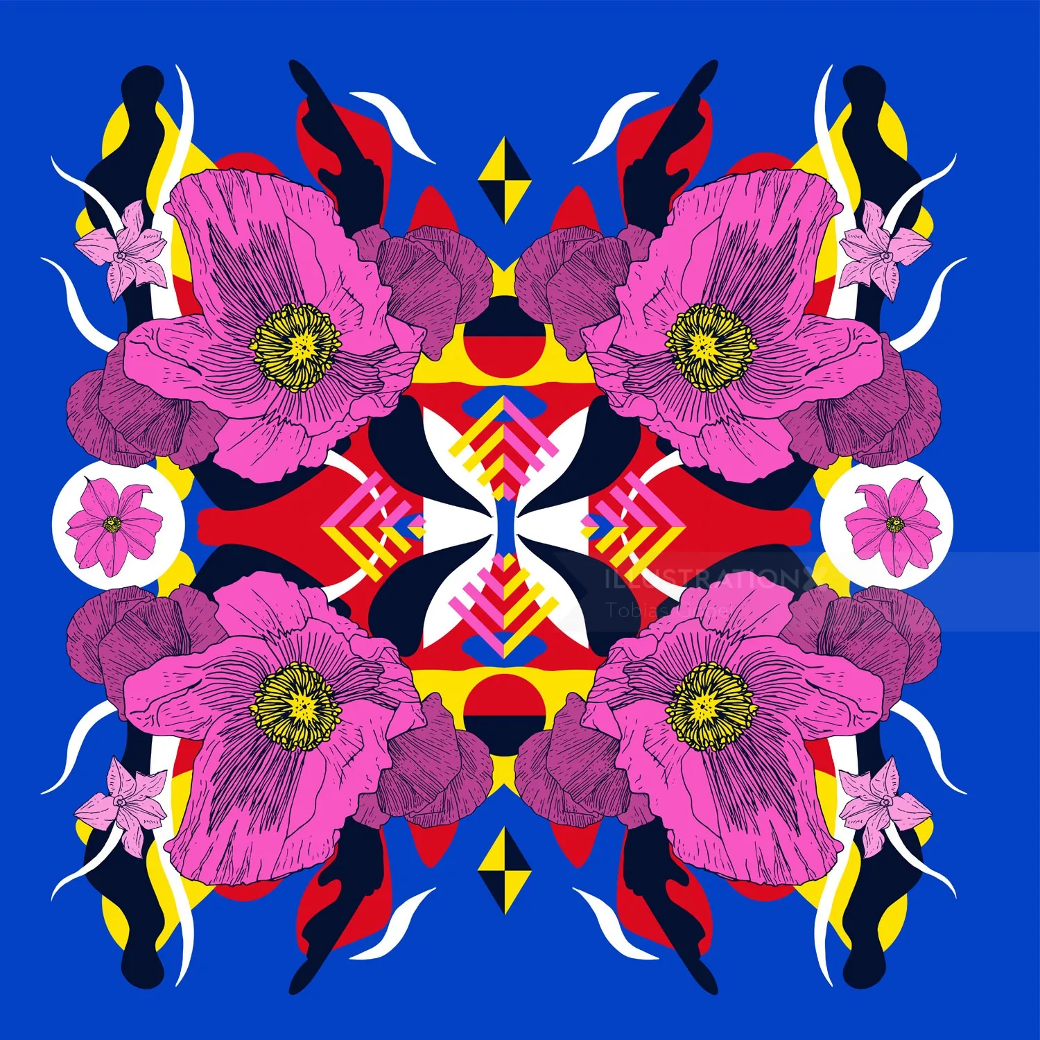 Symmetrical vibrant floral design with pink flowers and colorful abstract elements