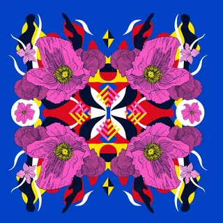 Symmetrical vibrant floral design with pink flowers and colorful abstract elements