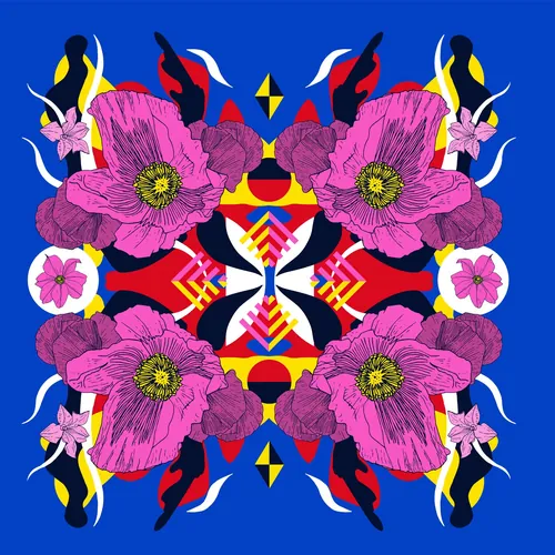 Symmetrical vibrant floral design with pink flowers and colorful abstract elements