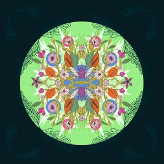 Symmetrical floral mandala with vibrant flowers on light green