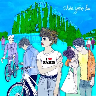 Young people in city scene with greenery and I love Paris t-shirt