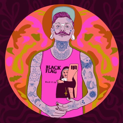 Tattooed person with glasses and mustache wearing Black Flag shirt against colorful circle