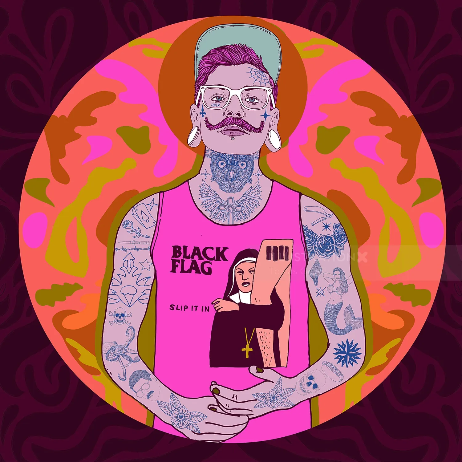 Tattooed person with glasses and mustache wearing Black Flag shirt against colorful circle