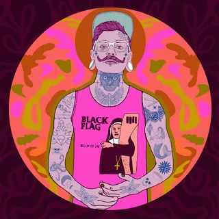 Tattooed person with glasses and mustache wearing Black Flag shirt against colorful circle