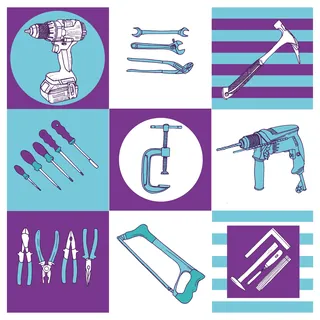 Hand and power tools including drill, hammer, screwdrivers, pliers, saw, wrench, and clamp