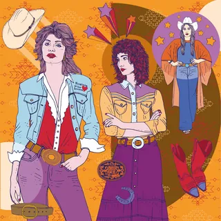 Three women in retro western outfits with cowboy boots and hats on orange background
