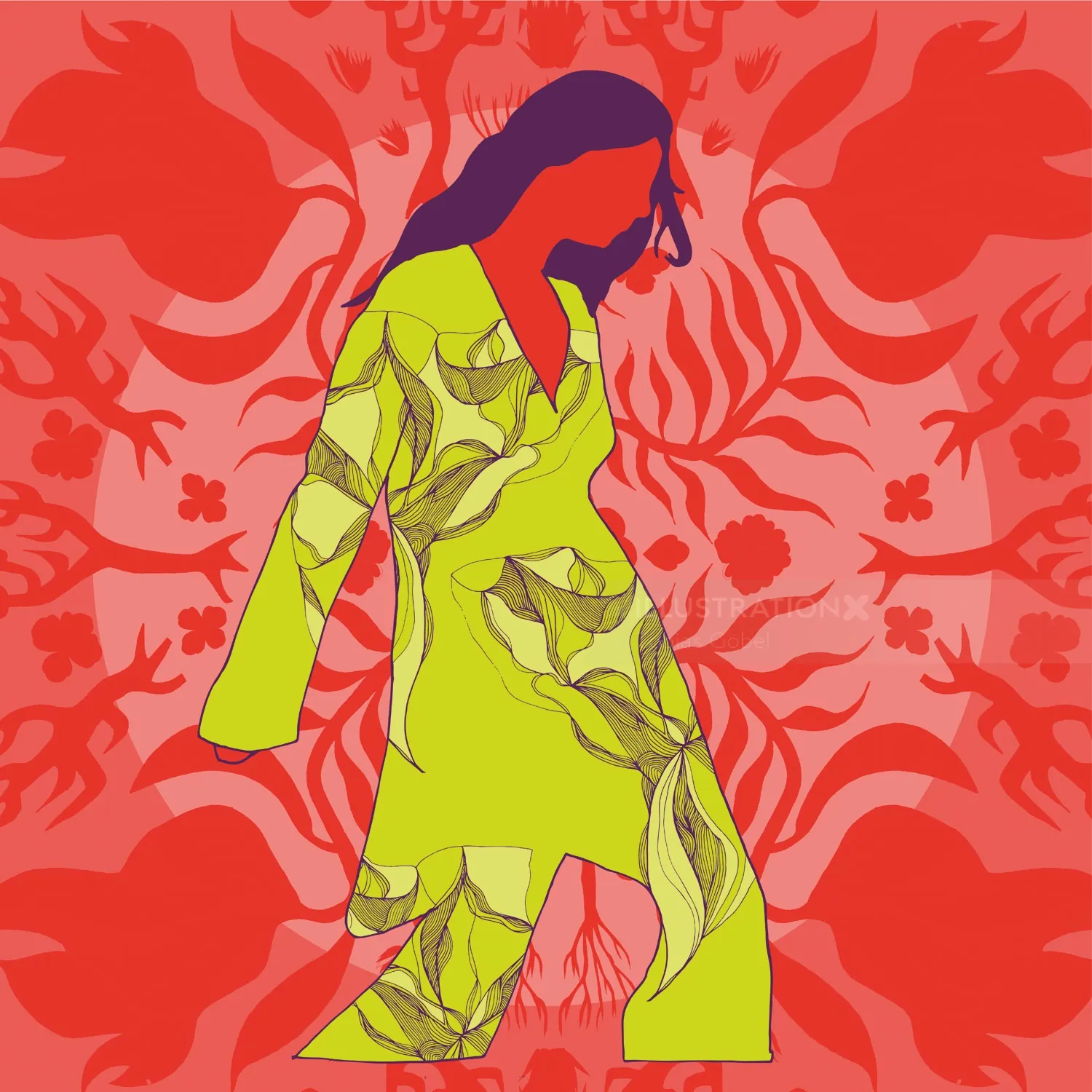 Woman wearing green floral clothes standing on red floral patterned background