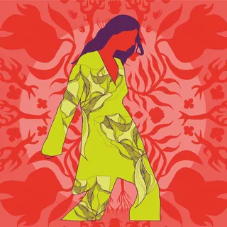 Woman wearing green floral clothes standing on red floral patterned background